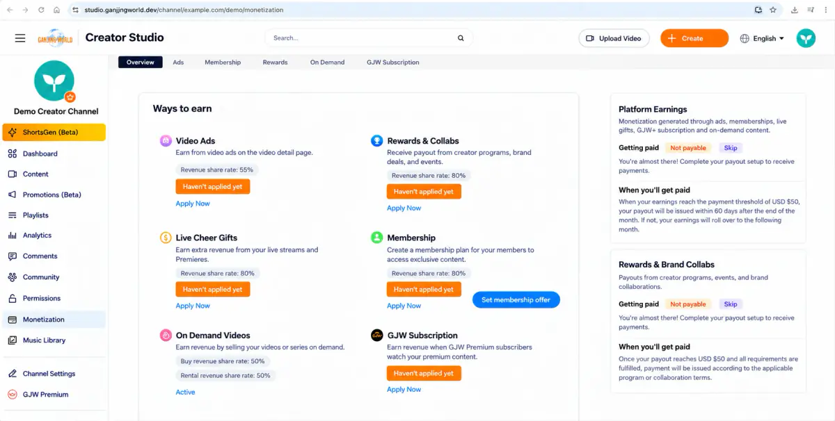 Monetization → Overview. Check available revenue sources, application/activation status, and payout status on the right.