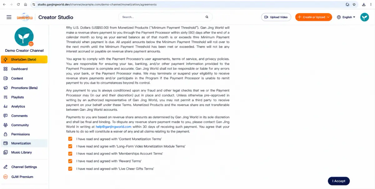 Monetization agreement. Read the terms, select the required agreement checkboxes, and click “I accept.”