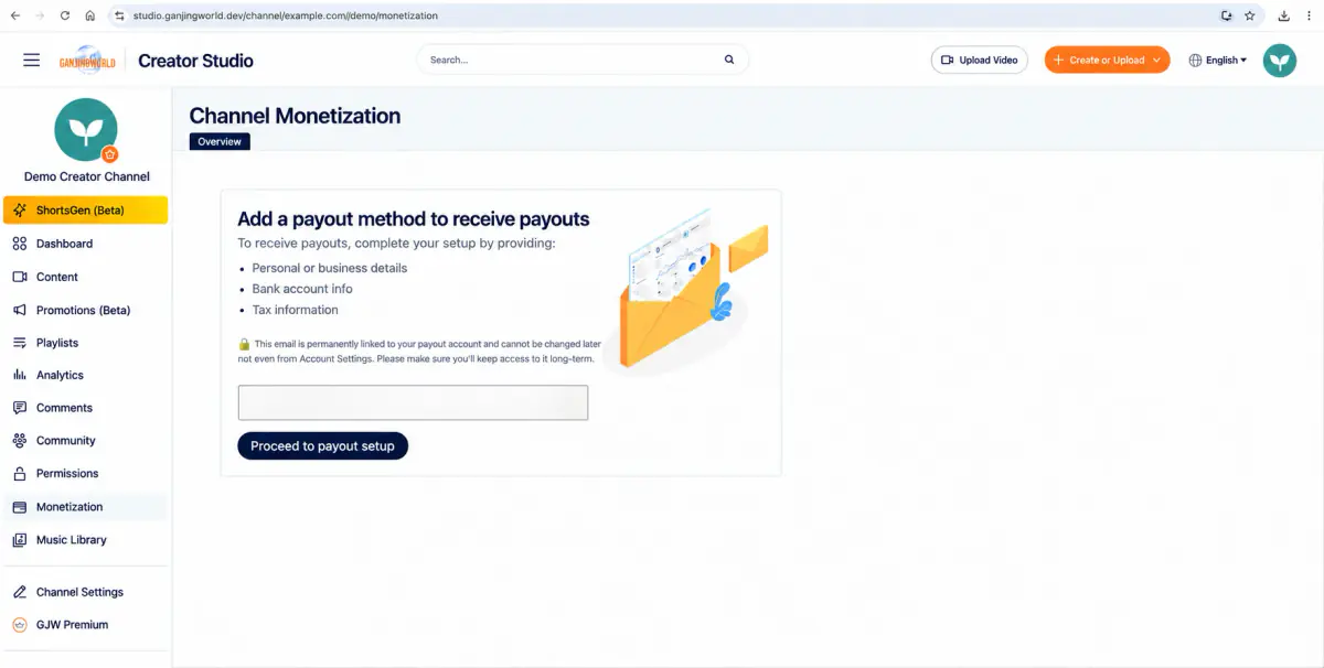 Start payout setup: use your own contact email. Account details in the screenshot are teaching examples.
