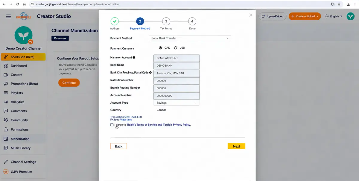 Bank payout setup. Sensitive account and routing details have been anonymized.