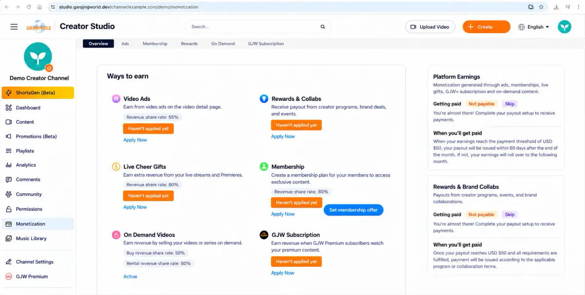 Return to Monetization → Overview after approval. Each revenue feature shows its own status, such as Not applied, Apply now, or Enabled. Channel details have been anonymized.