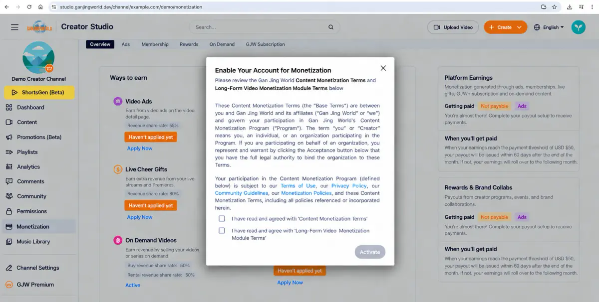 Video ads application. Read the terms and select the required checkboxes before enabling/submitting. Channel details have been anonymized.