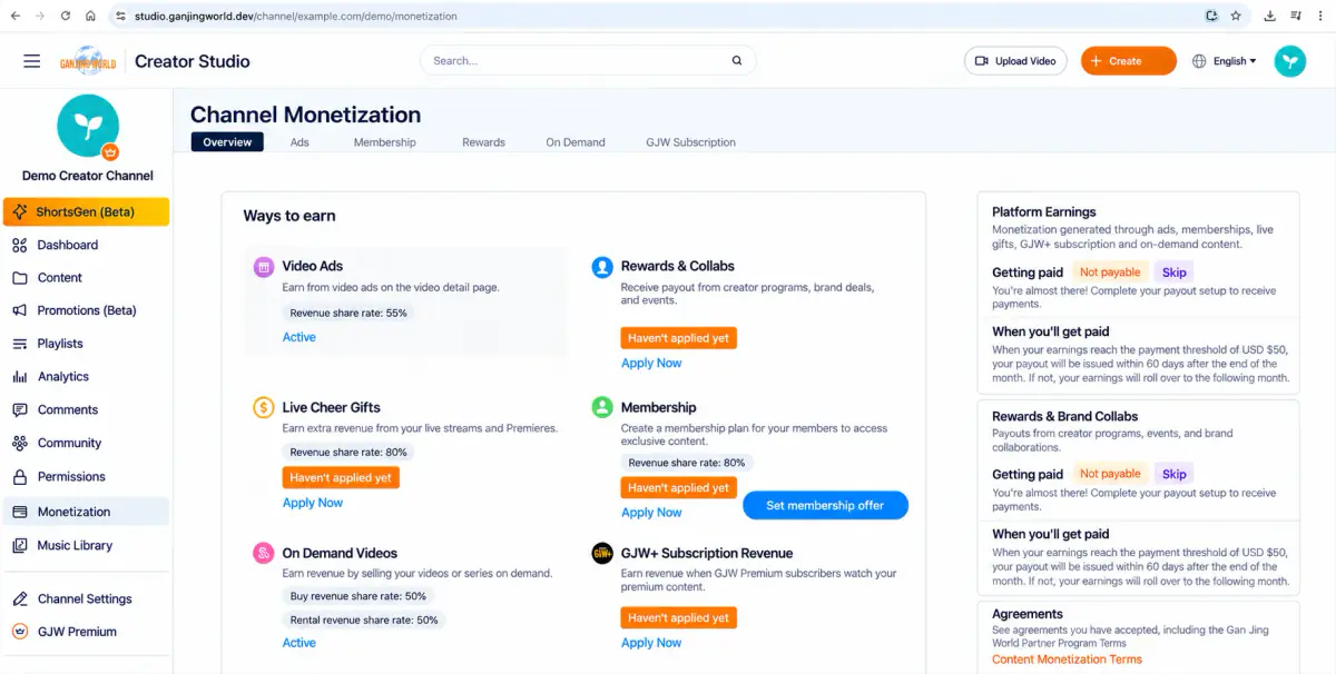 Overview updates after a feature application is completed. Video ads is Enabled in this example. Channel details have been anonymized.