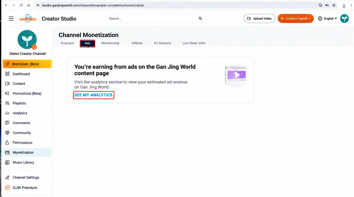 Ads. Red boxes mark the Ads tab and View analytics action.