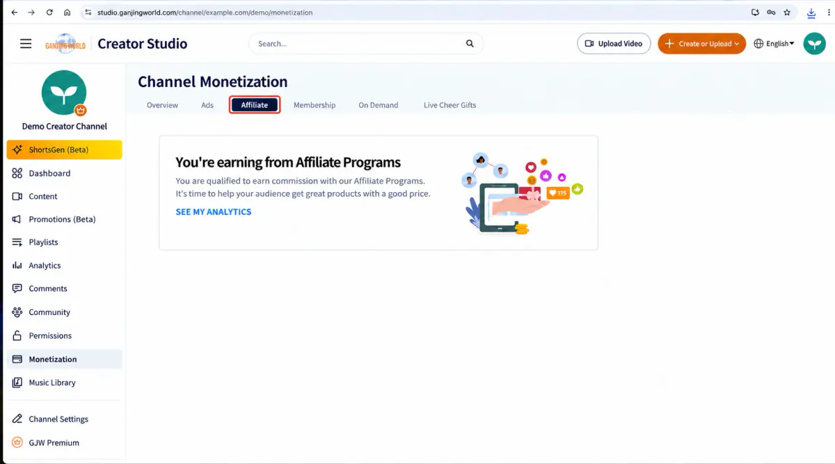 Affiliate. Red boxes mark the tab and View analytics action.