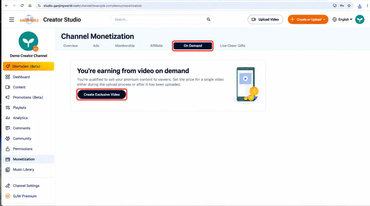 Exclusive video sales. The red box marks Create exclusive video.