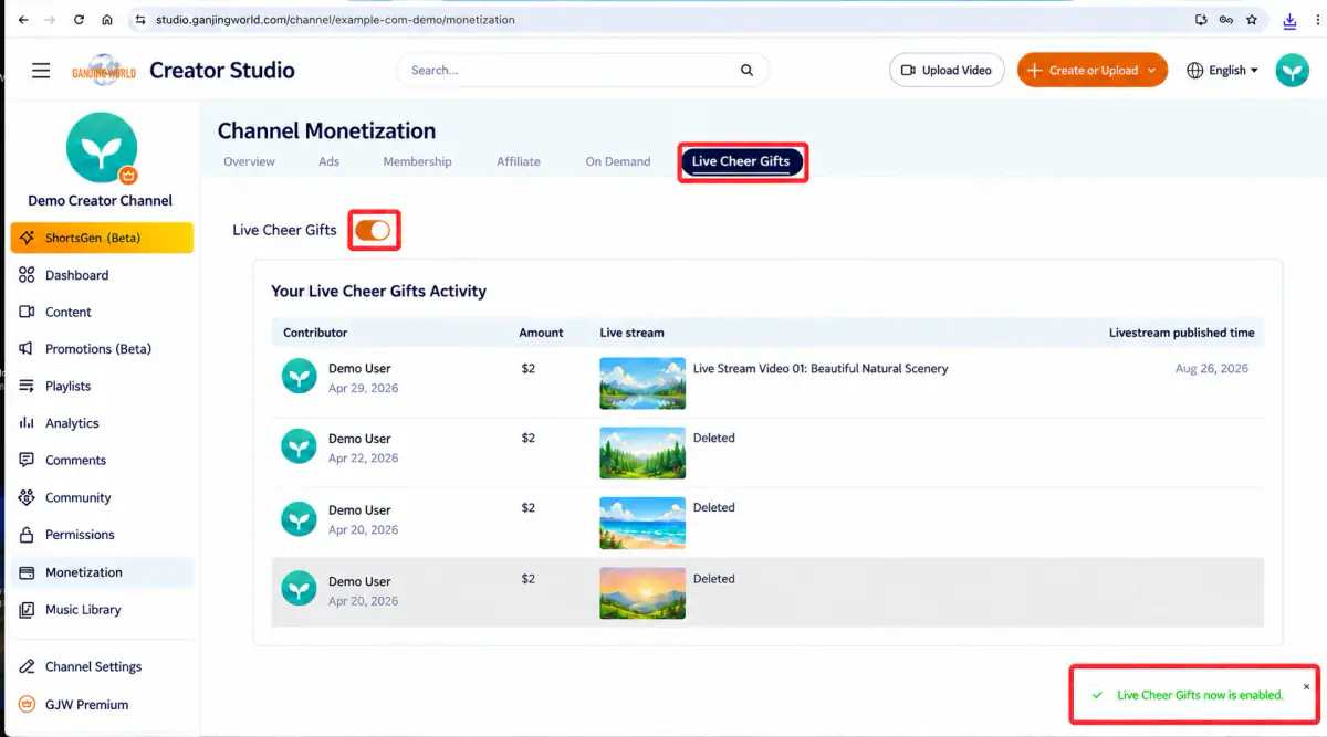 A “Live donations enabled” message appears after activation. Confirm this message before considering the setting saved.