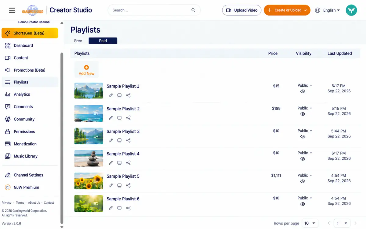 The Paid tab adds a Price column; Visibility and Last updated are the same as in Free. Click Add at the top left to begin.