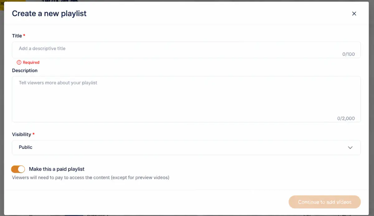 Create new playlist. Enter title, description, and visibility. Turn on Set as paid playlist to require payment, except for free preview videos.