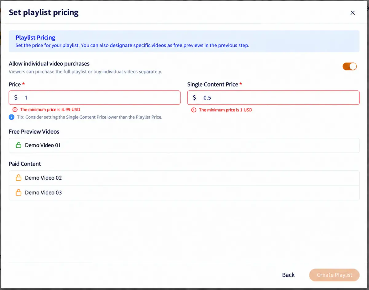 Set playlist price. Review the free preview and paid content listed below. To change an item's preview status, return to the previous step.