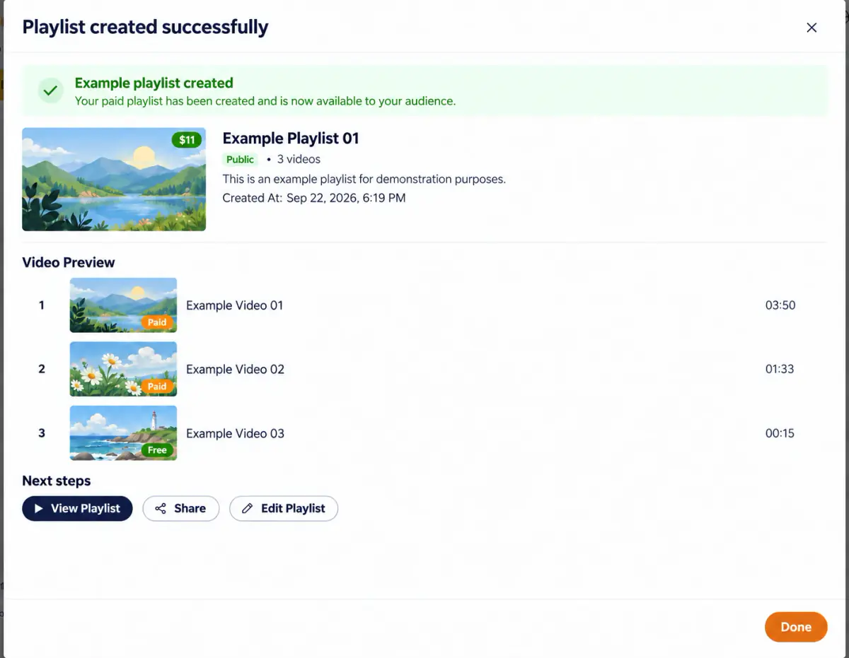 Playlist created successfully. The card shows the playlist price, such as $11, and labels each item Paid (orange) or Free (green). You can View playlist, Share, or Edit playlist.