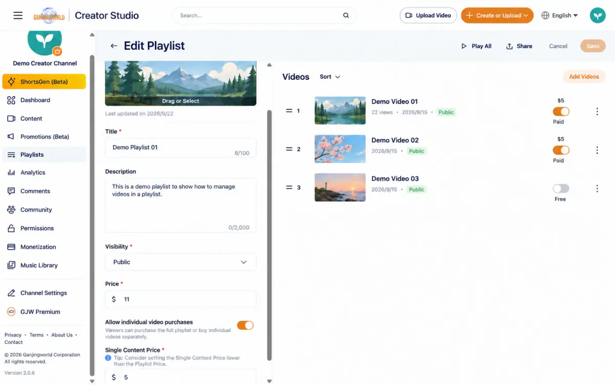 Edit playlist. Below title, description, and visibility are Price, Allow individual video purchases, and Individual content price. Click Save after editing. Use each item's switch to choose paid or free; Add videos adds more content.