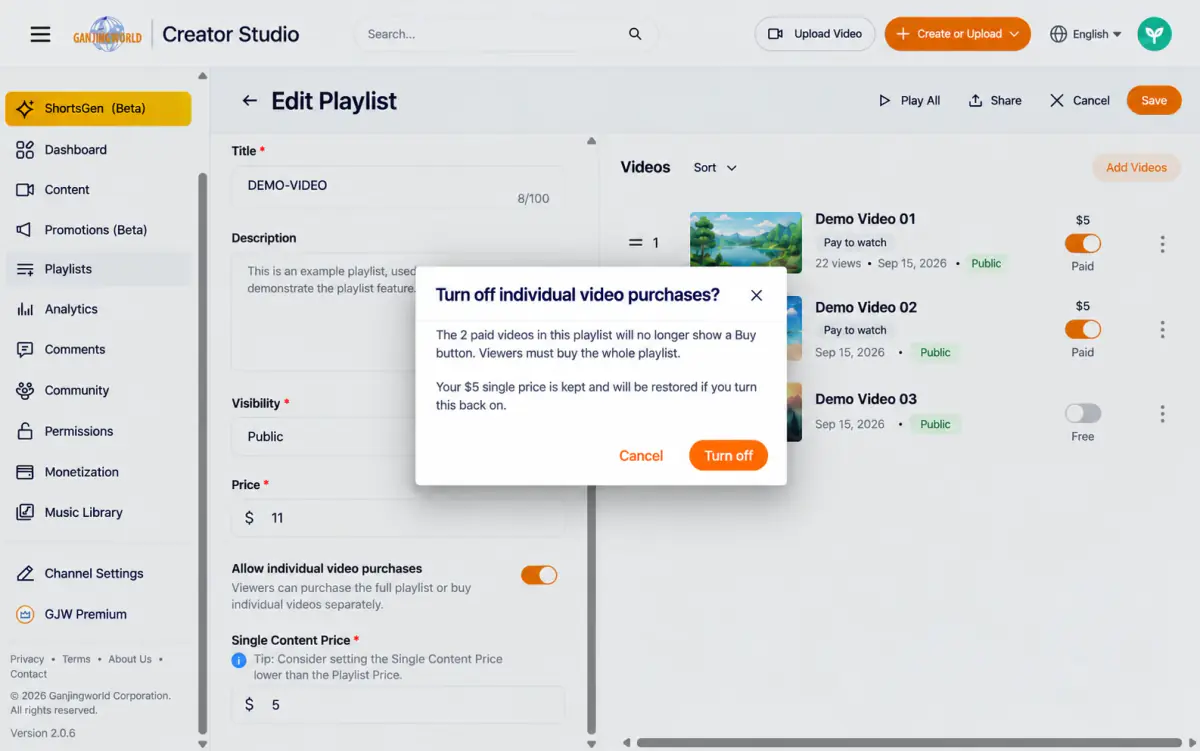 “Turn off individual video purchases?” The dialog explains that paid videos will no longer show individual purchase buttons and viewers must buy the whole playlist. The existing unit price is retained for later reactivation. Choose Turn off to confirm or Cancel to keep the setting.