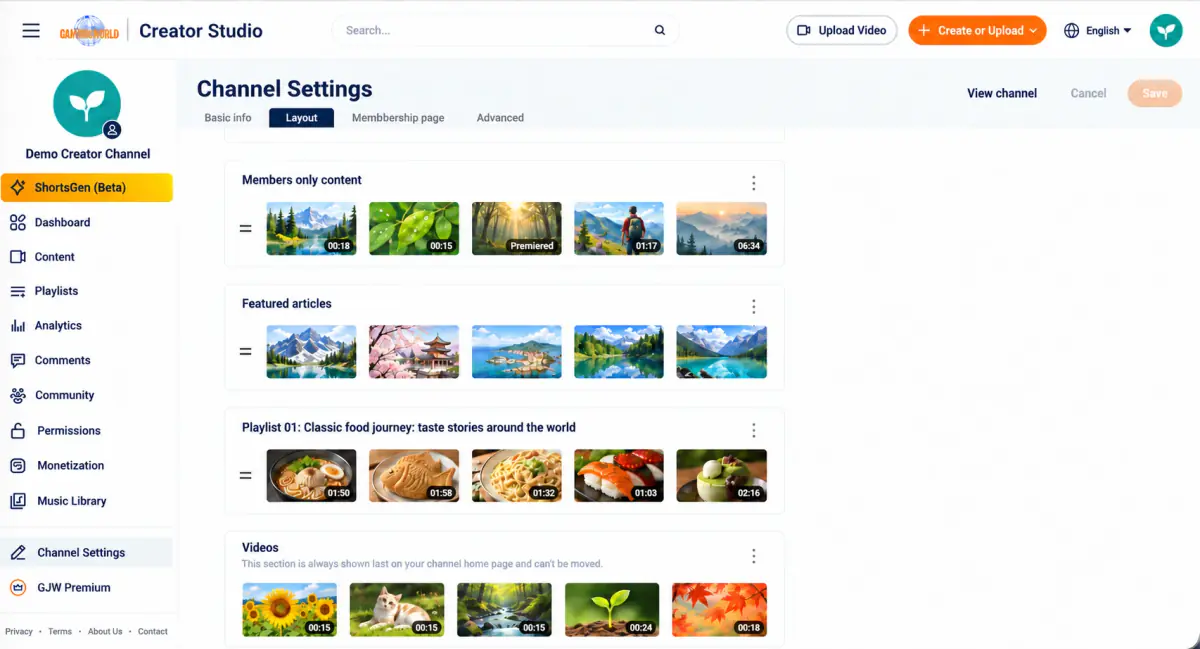 A populated layout with member content, articles, and other sections. Videos remains last. Thumbnails may show duration or statuses such as Premiere ended.