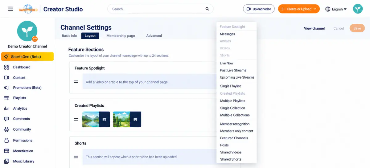 Add section menu. Greyed-out items have already been added and cannot be added again.