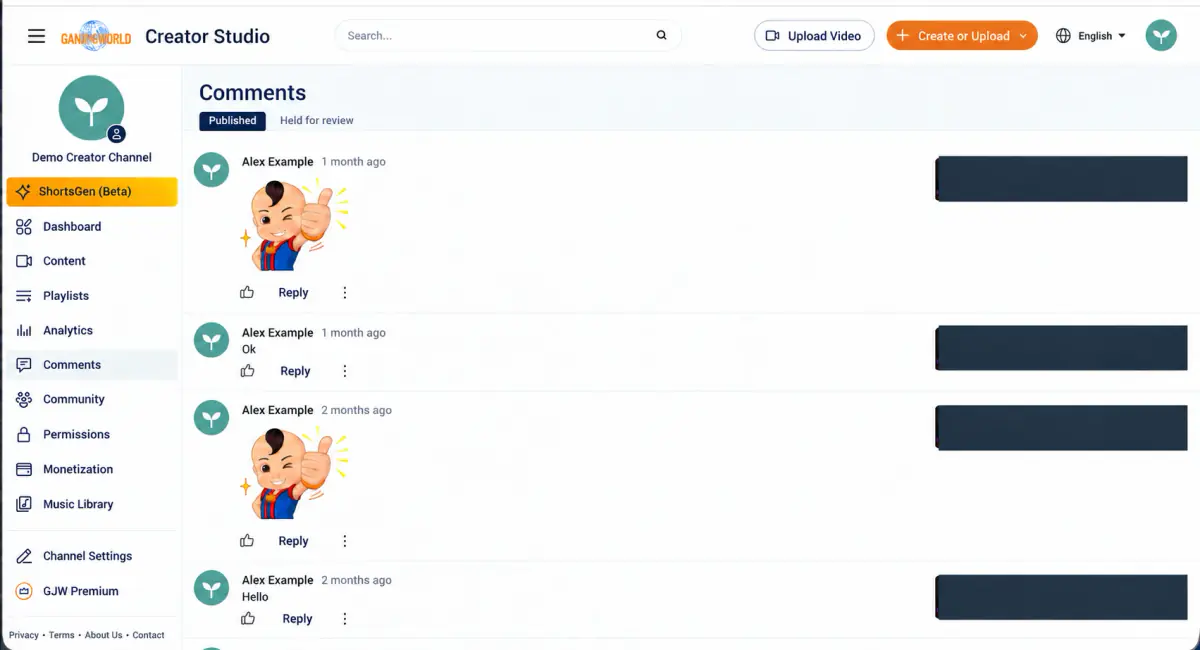 The Published tab in Comments. Each comment shows its video on the right; use Reply or Like directly.