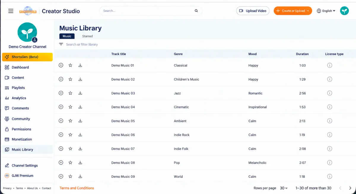 The Music tab in Audio library. Preview, favorite, or download a track; use the ⓘ icon to view license details.