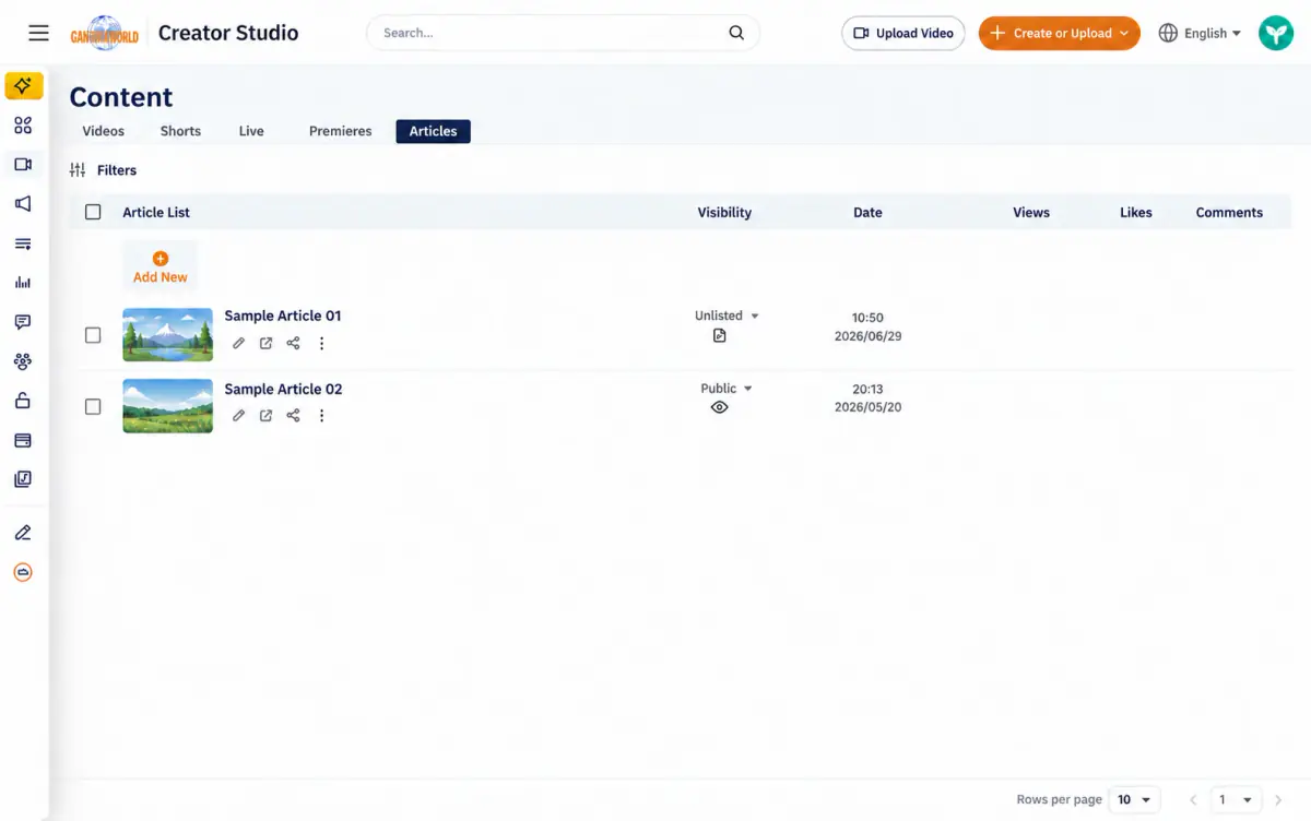 Articles shows title, visibility, date, views, likes, and comments.