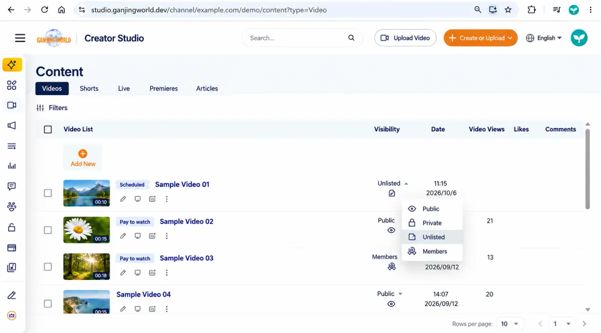 Video labels include Scheduled and Paid viewing. Members only is also visible in the visibility menu, explained below.