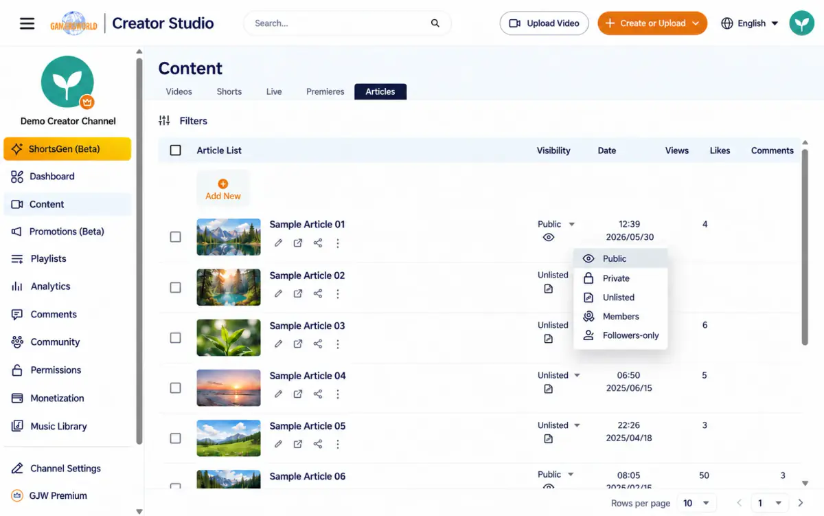 Open the Visibility menu in the content list to choose who can view. This example uses an article.