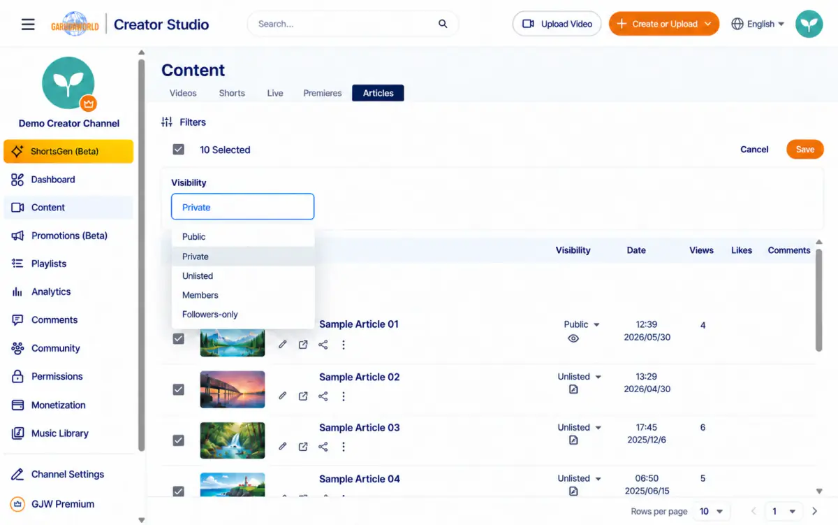 Bulk editing visibility uses the options available for that content type. This Articles example has membership enabled and shows Public, Private, Unlisted, Members, and Followers-only.