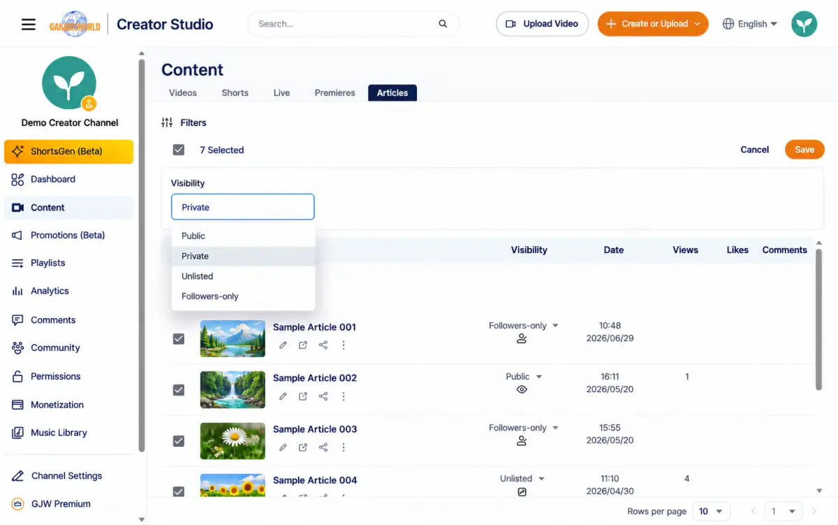 This Articles bulk-editing example has membership disabled and shows Public, Private, Unlisted, and Followers-only. Members is absent; Followers-only is a separate option.
