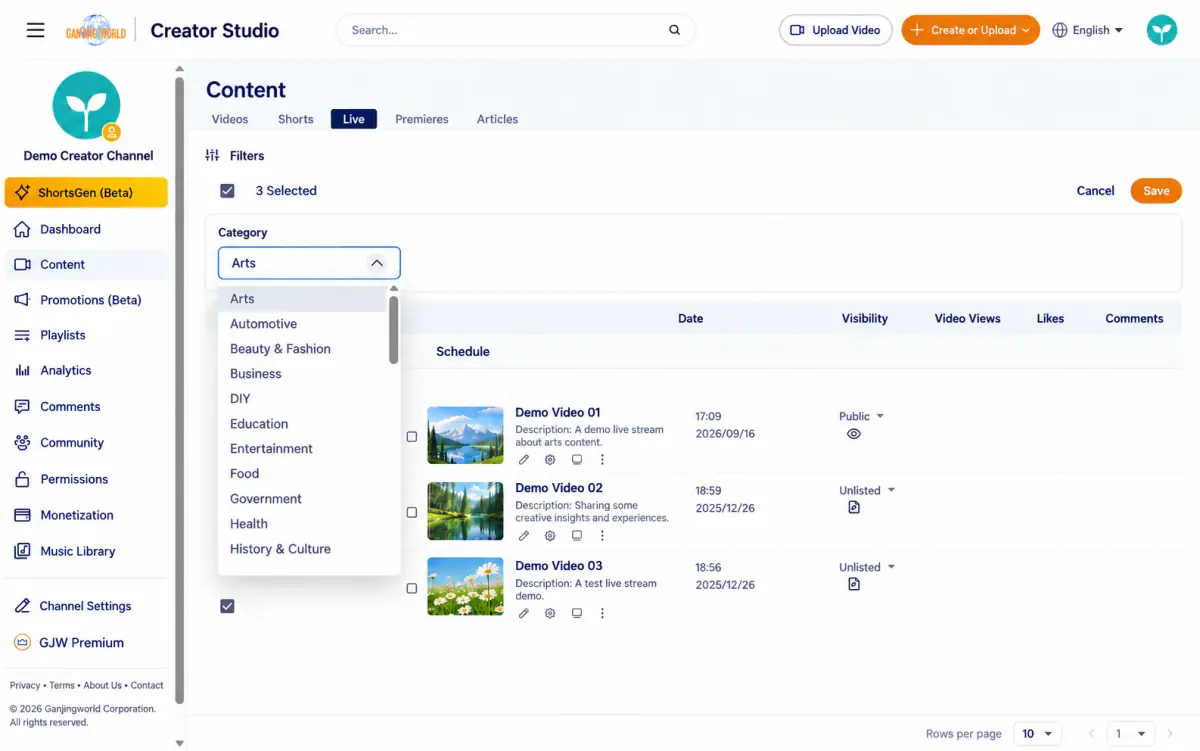 Bulk category editing in Live. The menu lists topics such as Art, Cars, Beauty and fashion, Business, DIY, Education, Entertainment, Food, Government, Health, and Culture/history. Scroll for more.