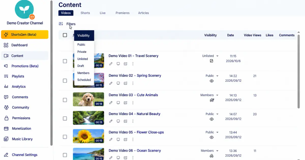 The filter panel appears below Filter. It is separate from an individual row’s visibility menu. This membership-enabled Videos tab also offers Members only.