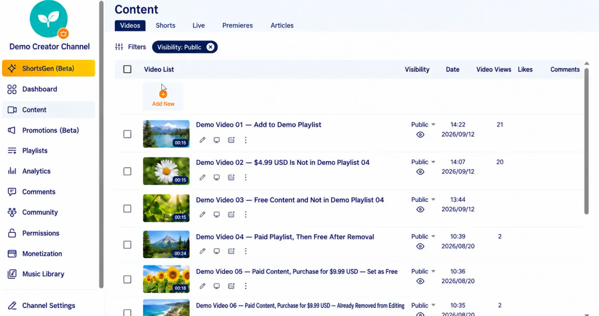 The Visibility: Public chip is active and the list shows only public content.
