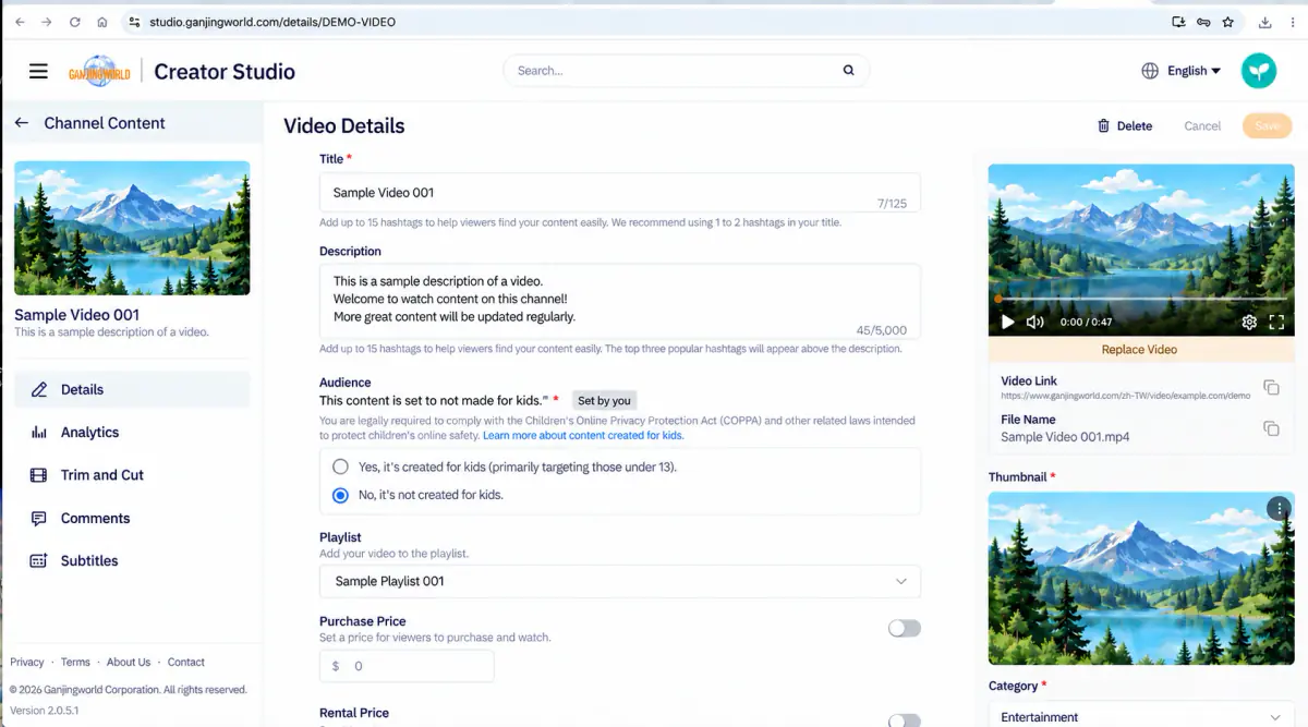 The second subtitle entry point: open the content editing/details page and select Subtitles in the left menu.
