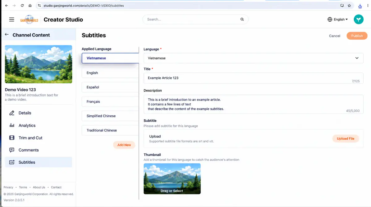 Applied languages appears on the left; settings for the selected language appear on the right.