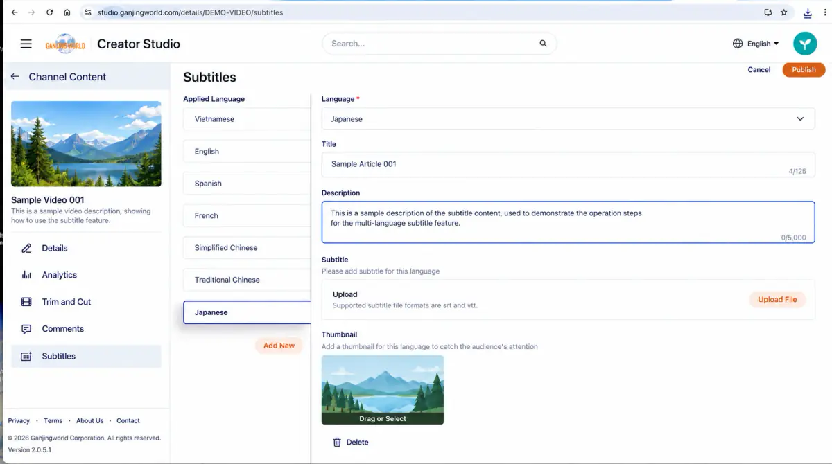 Selecting Japanese lets you set its title, description, subtitles, and thumbnail independently.