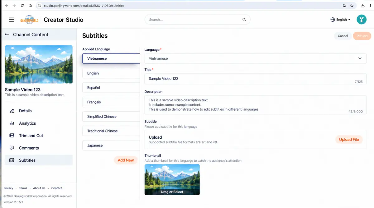 Japanese is now listed under Applied languages. Select another language to view and edit its information.