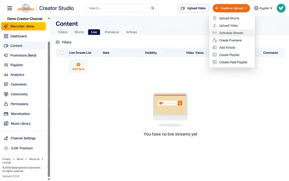 Schedule livestream in Create or upload. If you have not streamed before, Live shows an empty state.