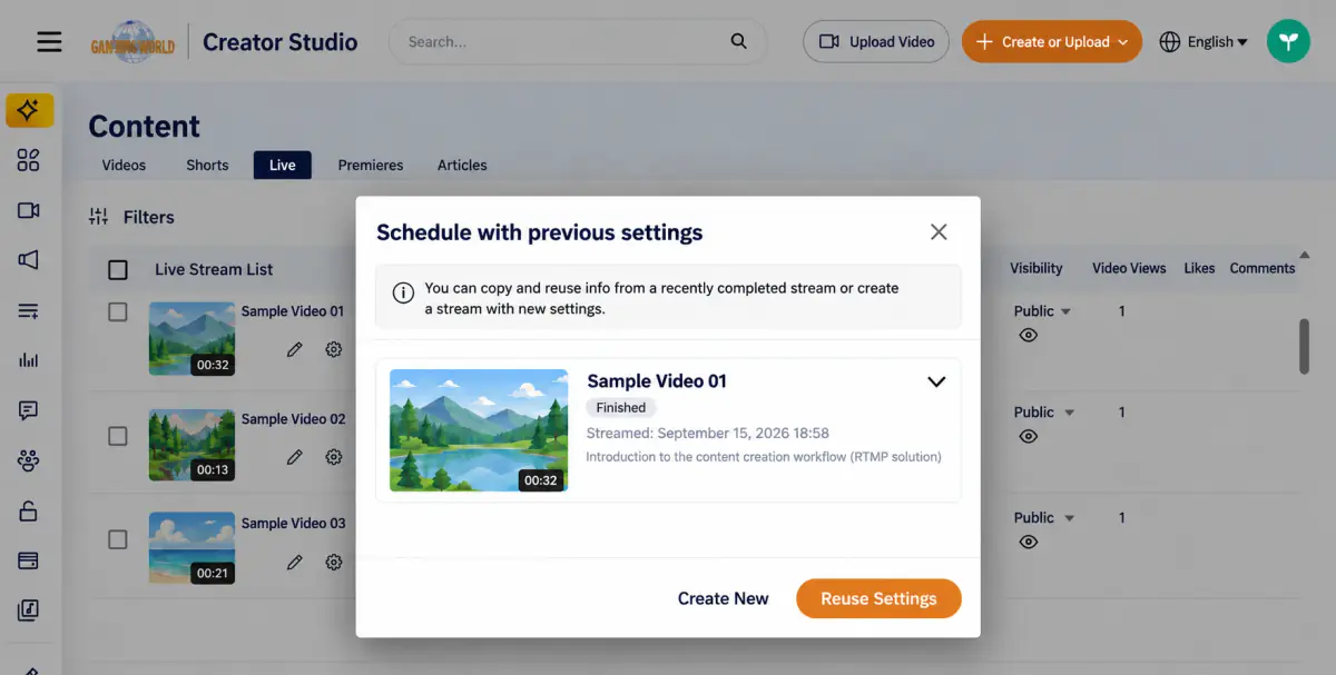 Schedule using previous settings shows the latest completed stream’s thumbnail, title, and date, with Create new and Reuse settings buttons.
