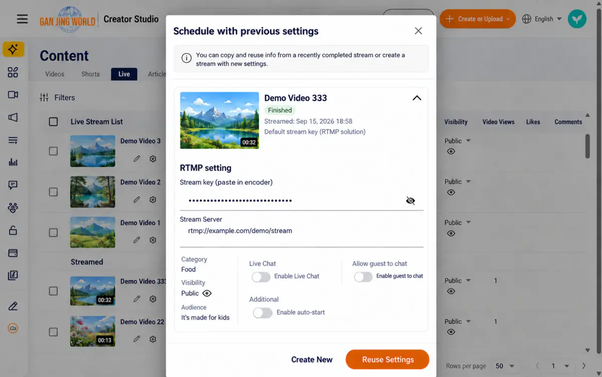 Expand the card to preview stream settings, category, visibility, audience, chat, and auto-start. This preview is read-only.