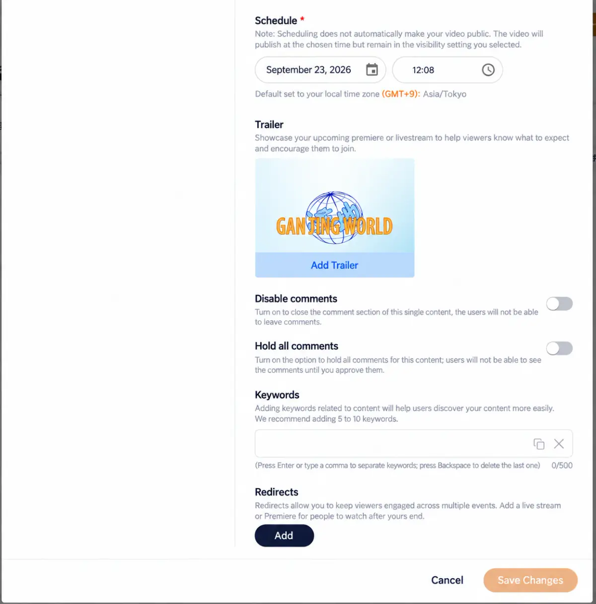Schedule, trailer, comment settings, keywords, and live redirect. Select Save changes to create the stream.