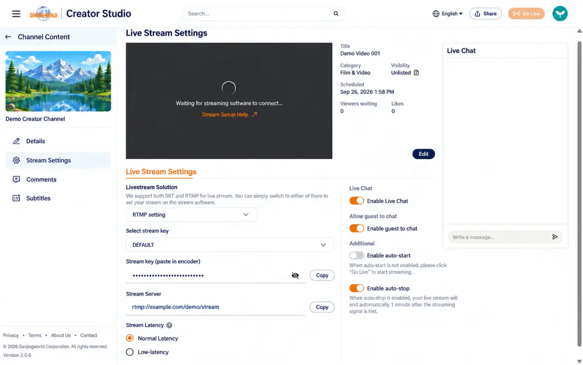 Before going live: preview in the center, details and Edit on the right, chat at the far right, and Go live at the top right.