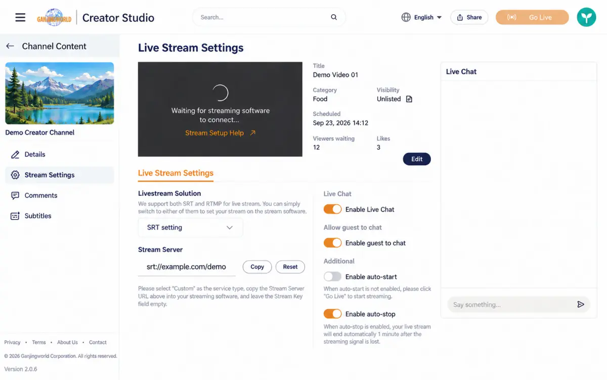 SRT settings: stream URL with Copy and Reset buttons.
