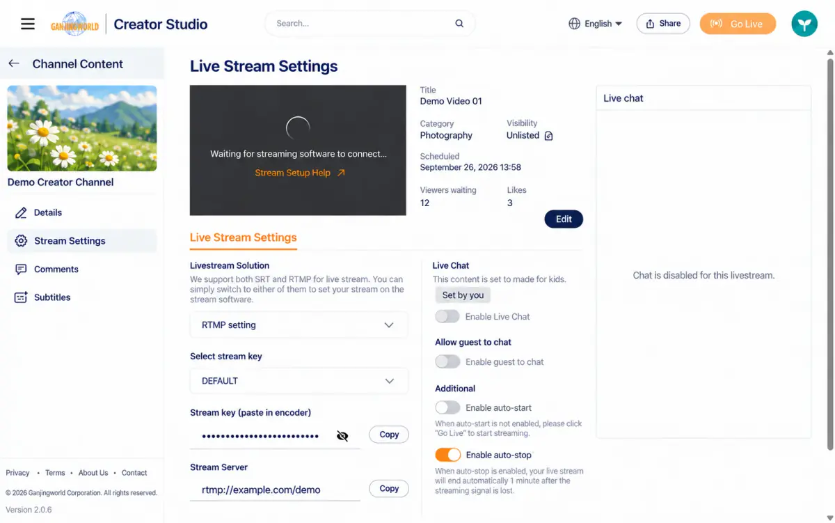 A stream made for children has disabled chat controls.