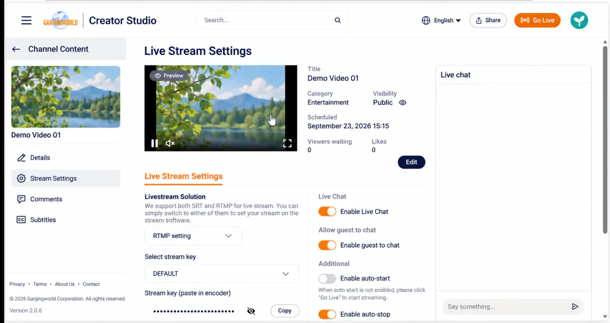 The incoming feed is marked Preview and Go live becomes available.