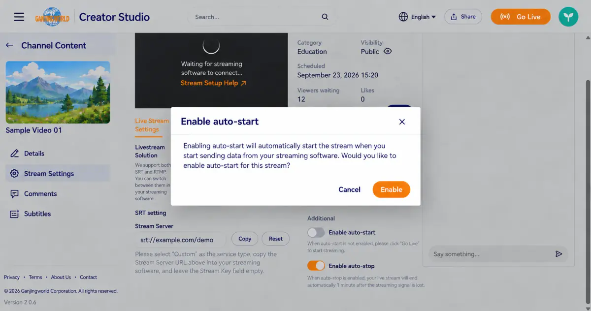 Enabling Auto-start requires confirmation. Select Enable to apply it.