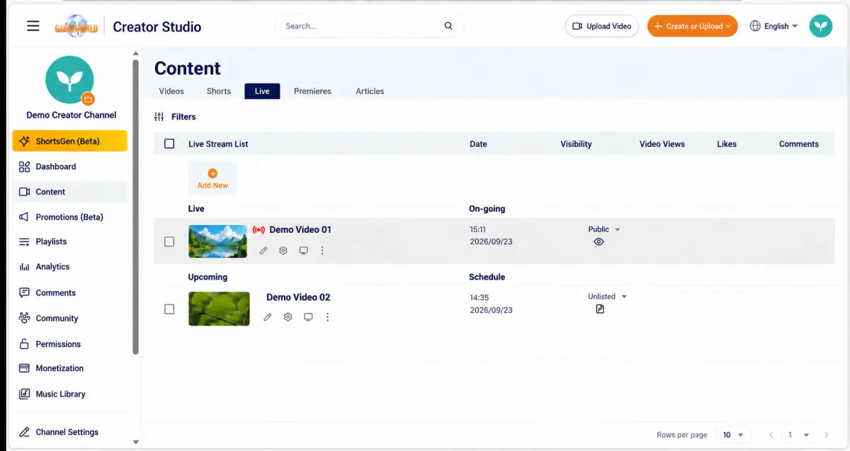 An active broadcast adds a Live now group at the top, with a live icon beside its title.