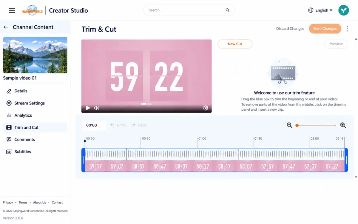Trim and edit: drag the blue timeline handles to trim the start or end, and select the timeline to add segments or remove sections in the middle.