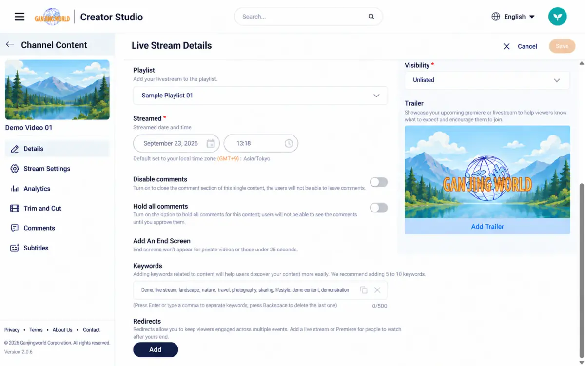 Further options: disable comments, hold comments, end screen, keywords, live redirect, and trailer. Select Save after editing.