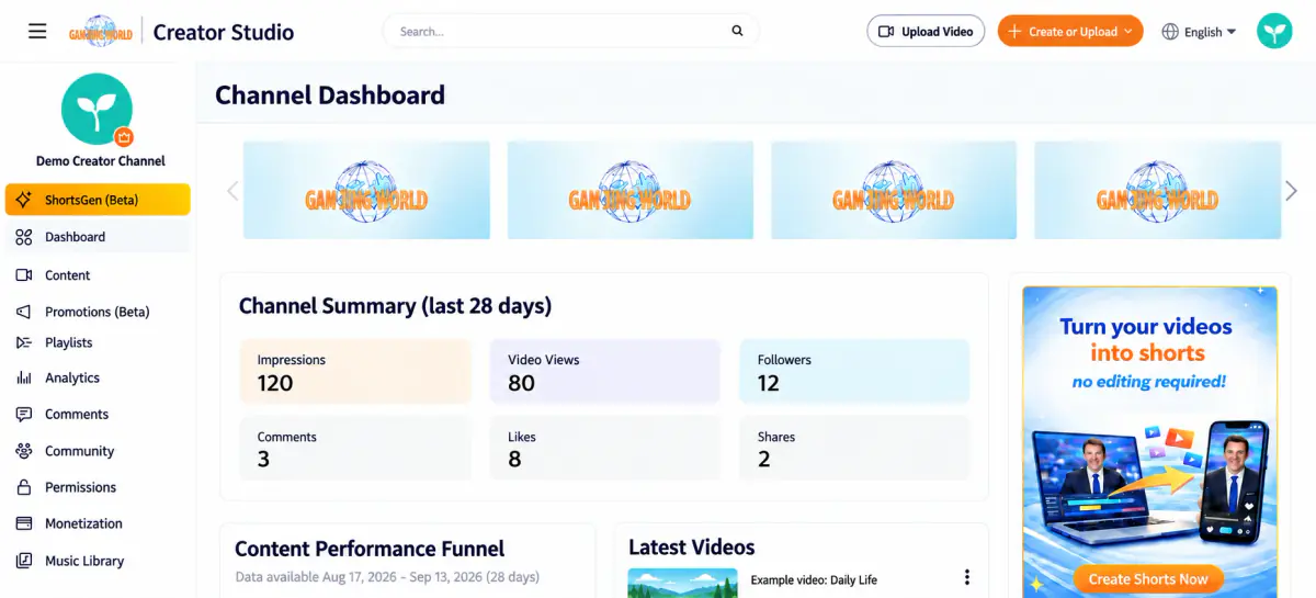 Channel dashboard after sign-in. The main menu is on the left and the toolbar is at the top.