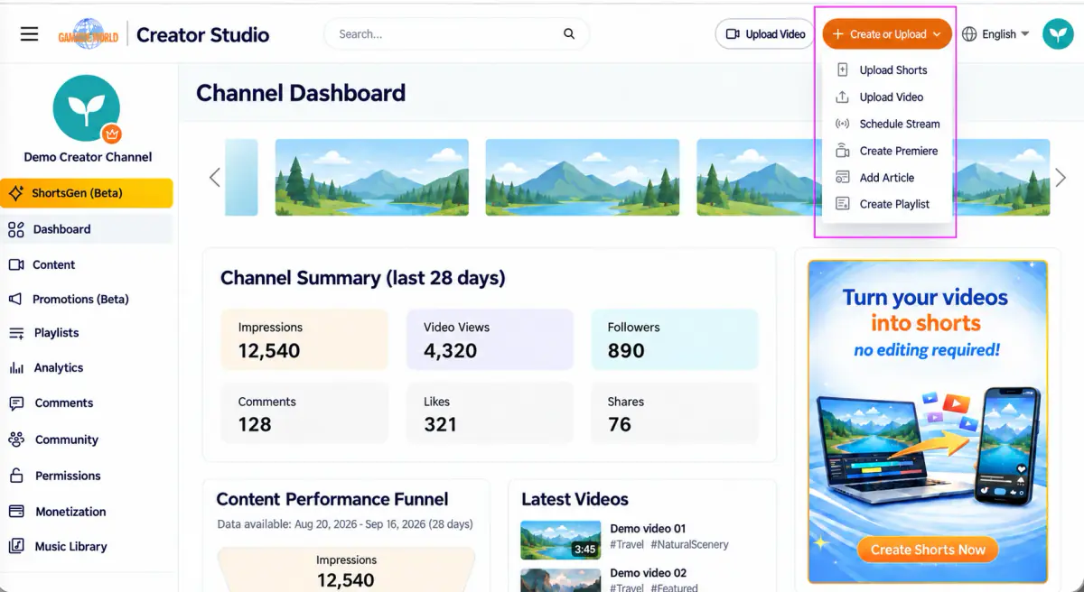 Select Create or upload at the top right to see the available content types.