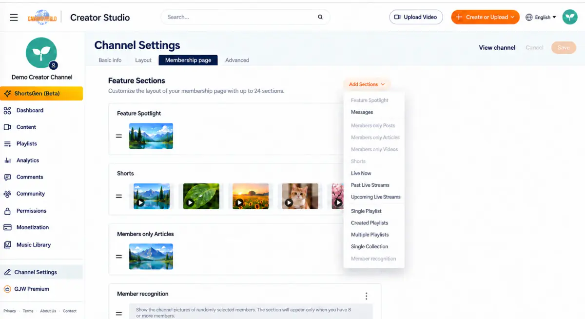 Add section on the Membership page layout tab. In addition to regular section types, it offers members-only posts, articles, and videos. Grayed-out types have already been added and cannot be added again.