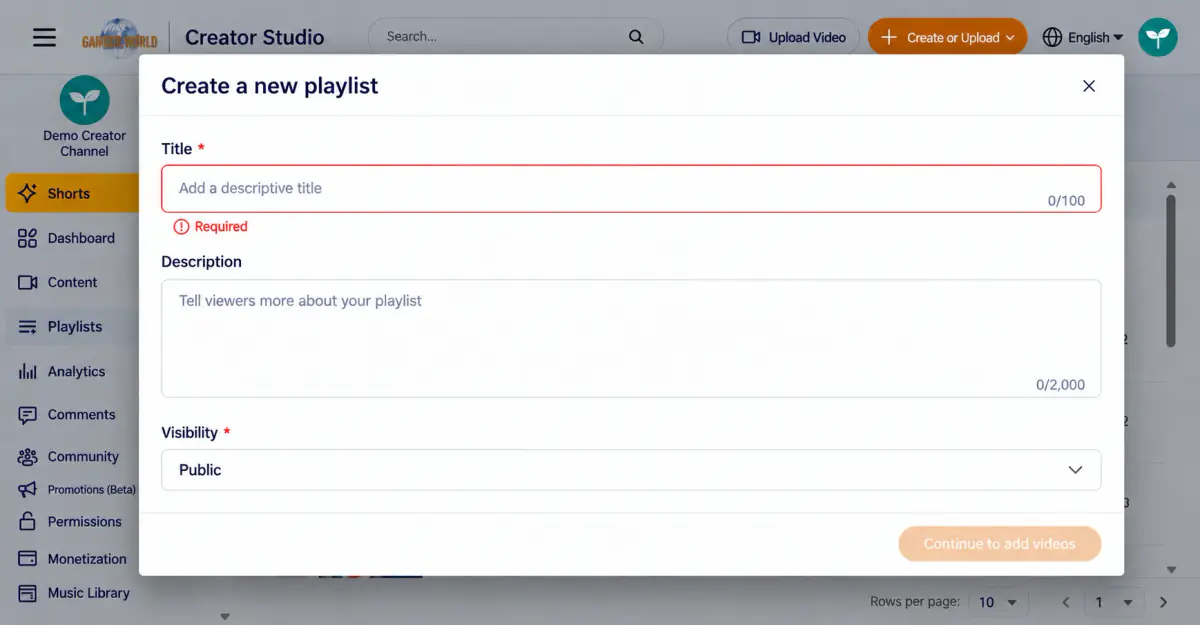Create new playlist: title, description, and visibility. A missing required title is highlighted in red when you try to continue.