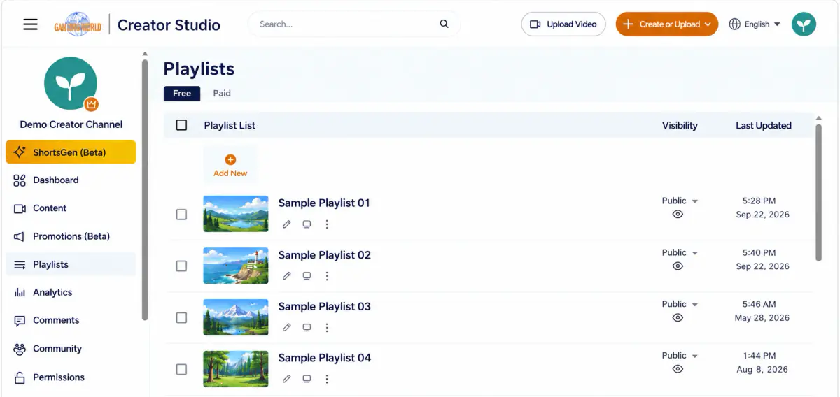 The playlist list has Edit (pencil), Watch (screen), and More (⋮) icons below each thumbnail.